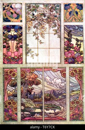 Il vetro macchiato, 6 modelli: floreale, paesaggio, Abstract - Art Nouveau illustrazione vintage dalla moderna Vetrate 1905 Foto Stock