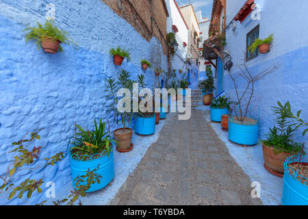 Blue street con pentole di colore a Chefchaouen Foto Stock