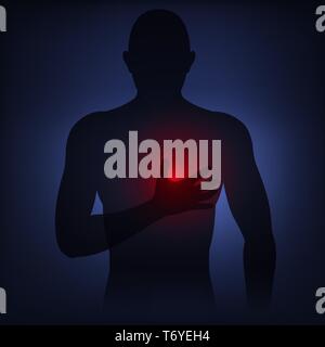 Silhouette uomo tiene per mano il dolore punto sul petto, primi sintomi di attacco cardiaco, problemi di salute. Illustrazione Vettoriale di luce al neon stile, bassa poli. Illustrazione Vettoriale