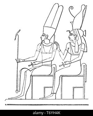 Amon e Mut, divinità del vento e la fertilità e la DEA (madre simbolica del faraone) dell'antica religione egiziana., 1885 Foto Stock