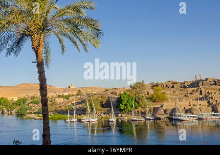 Vista Isola Elefantina, vela feluche e antiche rovine sul Fiume Nilo, aswan egitto Foto Stock
