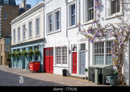 Case con il glicine e il Queens Arms pub in Queens Gate Mews, South Kensington, Londra, Inghilterra Foto Stock