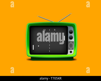 Un Kitsch Retro Vintage TV set televisivi pong gioco di colore verde su uno sfondo arancione Foto Stock