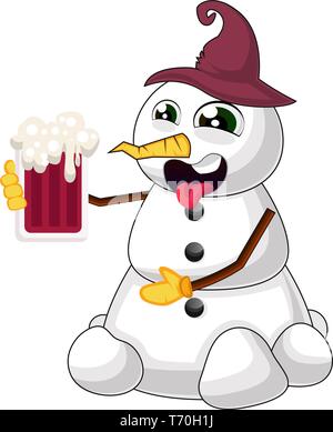 Ubriaco pupazzo di neve illustrazione vettore su sfondo bianco Illustrazione Vettoriale
