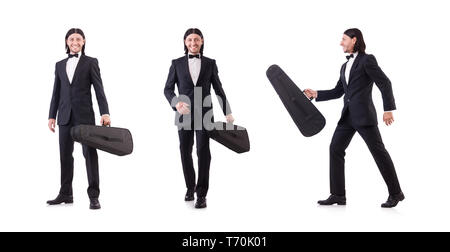 Uomo con violino caso isolato su bianco Foto Stock