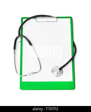 Appunti di medicina e uno stetoscopio isolati su sfondo bianco Foto Stock