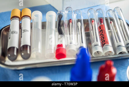 Diversi campioni di capelli e il sangue da analizzare in laboratorio scientifico, immagine concettuale Foto Stock