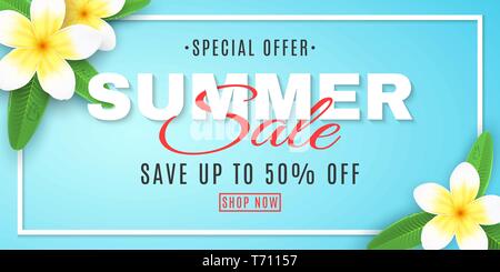 Estate Vendita banner per il web. Plumeria fiori su sfondo blu nel telaio. Offerta speciale. Decorazioni Creative testo. Realistici fiori tropicali. Estate colle Illustrazione Vettoriale