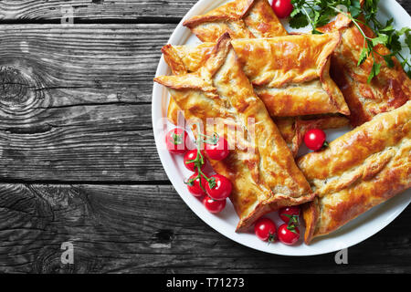 Pollo e salsa baje ripieni di pasta sfoglia Borek, Pollo al Forno torte, pasta sfoglia fasci di pollo su una piastra bianca con pomodorini e prezzemolo, Foto Stock