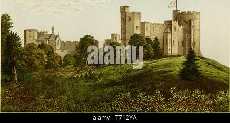 Stampa a colori raffigurante un rotolamento verde prato che conduce al castello di Peckforton, xix secolo country house, con una facciata in mattoni, costruito per assomigliare ad un castello medievale, situato nel Cheshire, Inghilterra, pubblicato in FO (Francis Orpen) Morris 'una serie di pittoresche vedute di sedi dei nobili e signori di Gran Bretagna e Irlanda, con descrittivo e di stampa in rilievo storico", 1840. La cortesia Internet Archive. () Foto Stock