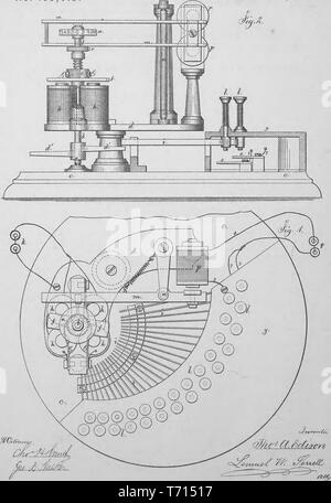 Il brevetto inciso " miglioramento nelle apparecchiature elettriche Printing-Machines' da Thomas a Edison, dal libro "Raccolta di brevetti degli Stati Uniti ha concesso a Thomas A. Edison", 1869. La cortesia Internet Archive. () Foto Stock