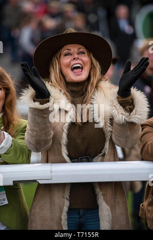 Carol Vorderman a Chepstow Racecourse a guardare il suo cavallo 'Subway Surf racing'. Foto Stock