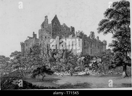 Incisione il Craigmillar Castle di Edimburgo, in Scozia, dal libro "Antichità di Gran Bretagna' da William Byrne e Thomas Hearne, 1825. La cortesia Internet Archive. () Foto Stock