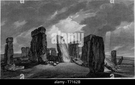 Incisione di Stonehenge, monumento preistorico nel Wiltshire, Inghilterra, dal libro "Antichità di Gran Bretagna' da William Byrne e Thomas Hearne, 1825. La cortesia Internet Archive. () Foto Stock
