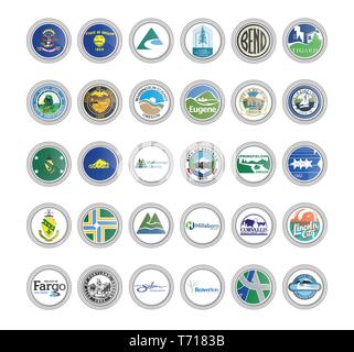 Set di icone vettoriali. Le bandiere e le guarnizioni di tenuta del North Dakota e Oregon membri, STATI UNITI D'AMERICA. 3D'illustrazione. Illustrazione Vettoriale