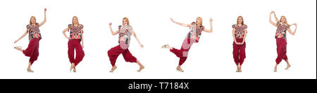 Donna in azerbaigiano ornamento abbigliamento isolato su bianco Foto Stock