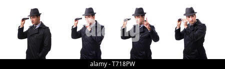 Spy con il binocolo isolati su sfondo bianco Foto Stock