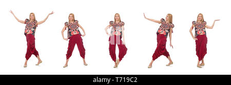 Donna in azerbaigiano ornamento abbigliamento isolato su bianco Foto Stock