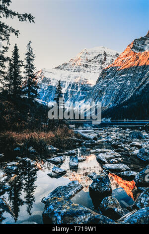 Il Monte Edith Cavell e Cavell Lago di Sunrise Foto Stock