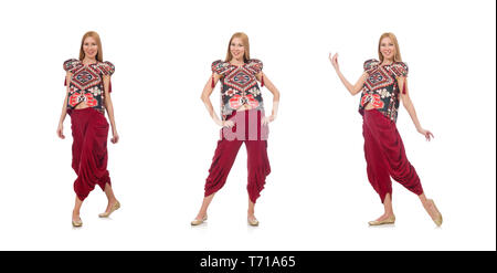 Donna in azerbaigiano ornamento abbigliamento isolato su bianco Foto Stock