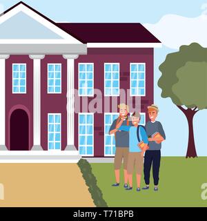 La millenaria gruppi studenti bionda e redhead uomini utilizza lo smartphone tenendo selfie sul campus di sfondo illustrazione vettoriale graphic design Illustrazione Vettoriale