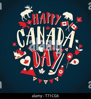 Felice giorno Canada illustrazione con piatto e simboli disegnati a mano sfondo lettering Illustrazione Vettoriale