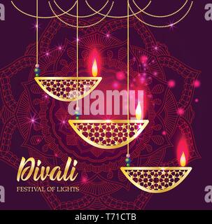 Felice Diwali Festival delle luci. Retrò olio lampada su sfondo cielo notturno. Illustrazione Vettoriale
