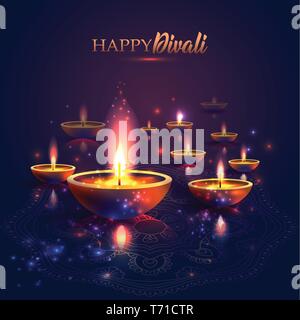 Felice Diwali Festival delle luci. Retrò olio lampada su sfondo cielo notturno. Illustrazione Vettoriale