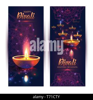Felice Diwali Festival delle luci. Retrò olio lampada su sfondo cielo notturno. Illustrazione Vettoriale
