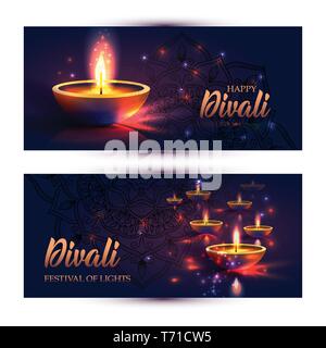 Felice Diwali Festival delle luci. Retrò olio lampada su sfondo cielo notturno. Illustrazione Vettoriale