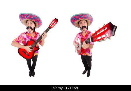 Mexican chitarrista isolato sul bianco Foto Stock