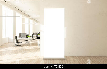 Blank Roll up banner in ufficio minimo 3d rendering Foto Stock