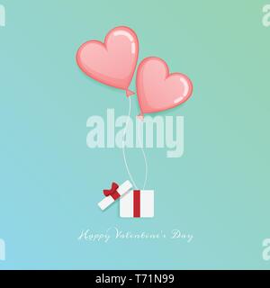 Vettore di amore e felice il giorno di San Valentino. Aprire la confezione regalo con cuore galleggiante fino al cielo con messaggio Buon San Valentino testo. Valentine greeting card Illustrazione Vettoriale