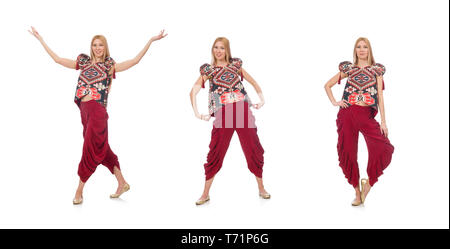 Donna in azerbaigiano ornamento abbigliamento isolato su bianco Foto Stock