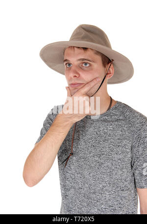 Uomo con un safari hat chiedendo cosa sta succedendo Foto Stock