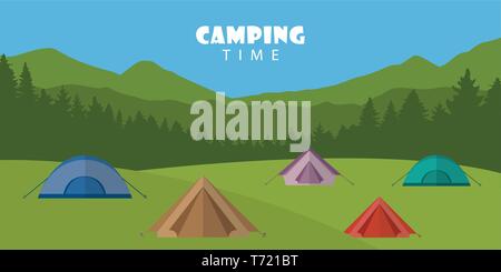 Camping time outdoor paesaggio estivo con tende colorate illustrazione vettoriale EPS10 Illustrazione Vettoriale