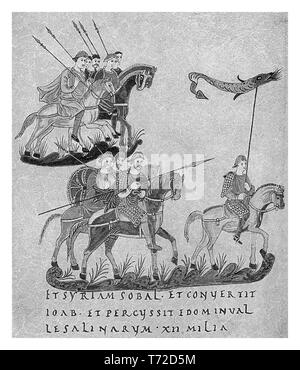 Il biblico Joab come leader di cavalleria nel periodo Carolingio-era di moda Frankish con un drago standard, dal Golden Salterio di San Gallo (Psalterium Aureum) Foto Stock