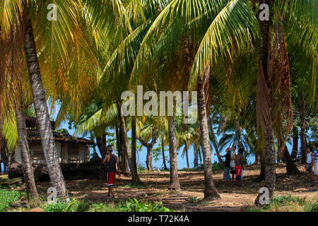 Palme e gente locale accanto alla spiaggia, Corn Island, il Mare dei Caraibi, Nicaragua, America Centrale, America. Foto Stock