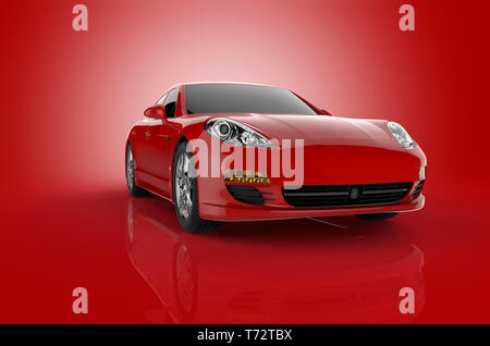 3D rendering di un auto sportiva rossa su uno sfondo rosso Foto Stock
