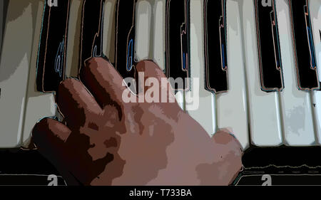 Close up è intervenuto un immagine di una mano a giocare i tasti di un pianoforte o una tastiera elettronica, il punto di vista Foto Stock