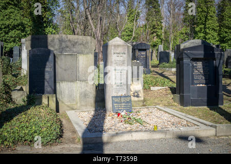 Praga, Repubblica Ceca - 7 marzo 2019: Il luogo di sepoltura del romanziere Franz Kafka presso il nuovo cimitero ebraico di Praga Foto Stock