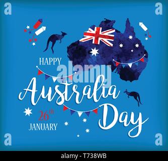 Felice giorno Australia lettering. Mappa di Australia con bandiera su uno sfondo blu. Illustrazione Vettoriale