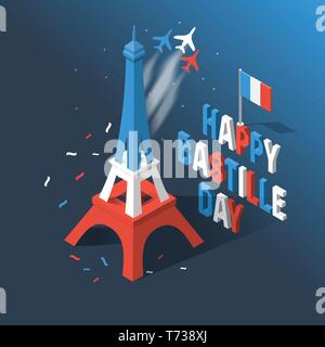 Il giorno della Bastiglia, Giorno di indipendenza della Francia, simboli. Bandiera francese e le icone della mappa impostato in 3d di stile. La Torre Eiffel e la relativa icona. Illustrazione Vettoriale