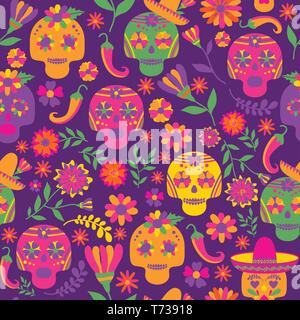 Il dia de los Muertos seamless disegno vettoriale. I simboli principali della vacanza su sfondo scuro. Illustrazione Vettoriale