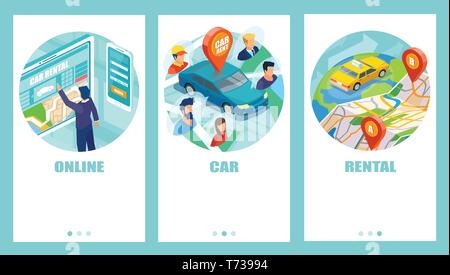 Car sharing e noleggio concetto illustrazione impostato per mobile app, landing page Illustrazione Vettoriale