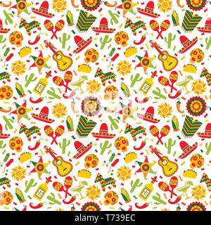 Cinco de Mayo celebrazione in Messico, seamless pattern ond marrone con cibo, sambrero, tequila, cactus. Illustrazione Vettoriale