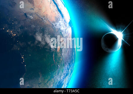 Vista satellitare della terra durante un eclissi solare. Si verifica quando l ombra della luna che completamente o in parte i blocchi parzialmente il sole sulla terra Foto Stock