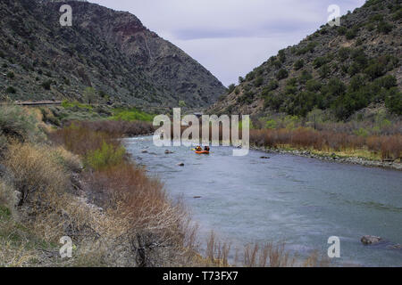 Rafting lungo il fiume Rio Grande nel New Mexico settentrionale. Immagine è stata scattata vicino a Taos nel New Mexico settentrionale accanto a una strada asfaltata. Colline, e canyon. Foto Stock