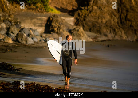 Surfer a piedi con una tavola da surf e guardando fuori all'acqua, Houghton Bay; Wellington, Nuova Zelanda Foto Stock