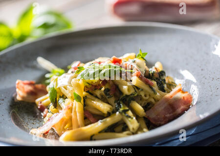 Pasta casarecce con pancetta pancetta parmigiano e basilico erbe. Italiano o cucina mediterranea. Foto Stock